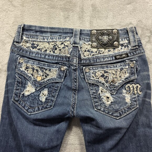 Miss Me Jeans Womens 26 Signature Crop Distressed Lace Embellished Denim Pants - Picture 3 of 12